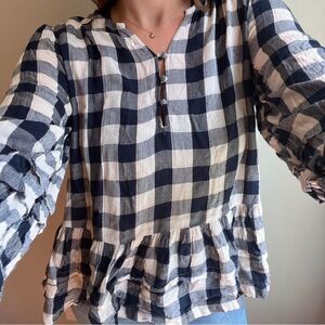American Eagle Blue and White Plaid Peasant Top S